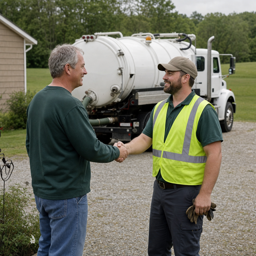 A septic technician shaking a Jersey City homeowner's hand beside the service truck after a completed pump-out