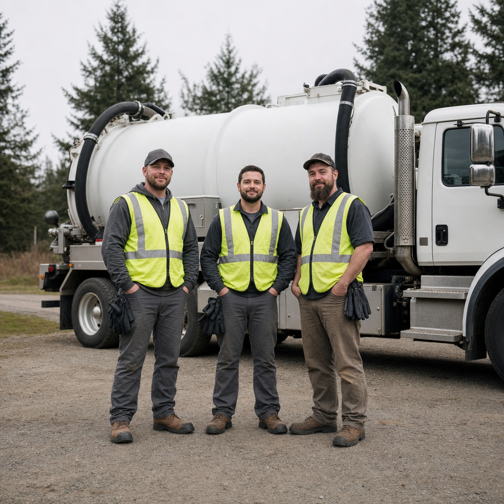 The Jersey City septic pumping crew standing together beside their clean white vacuum truck on a residential street