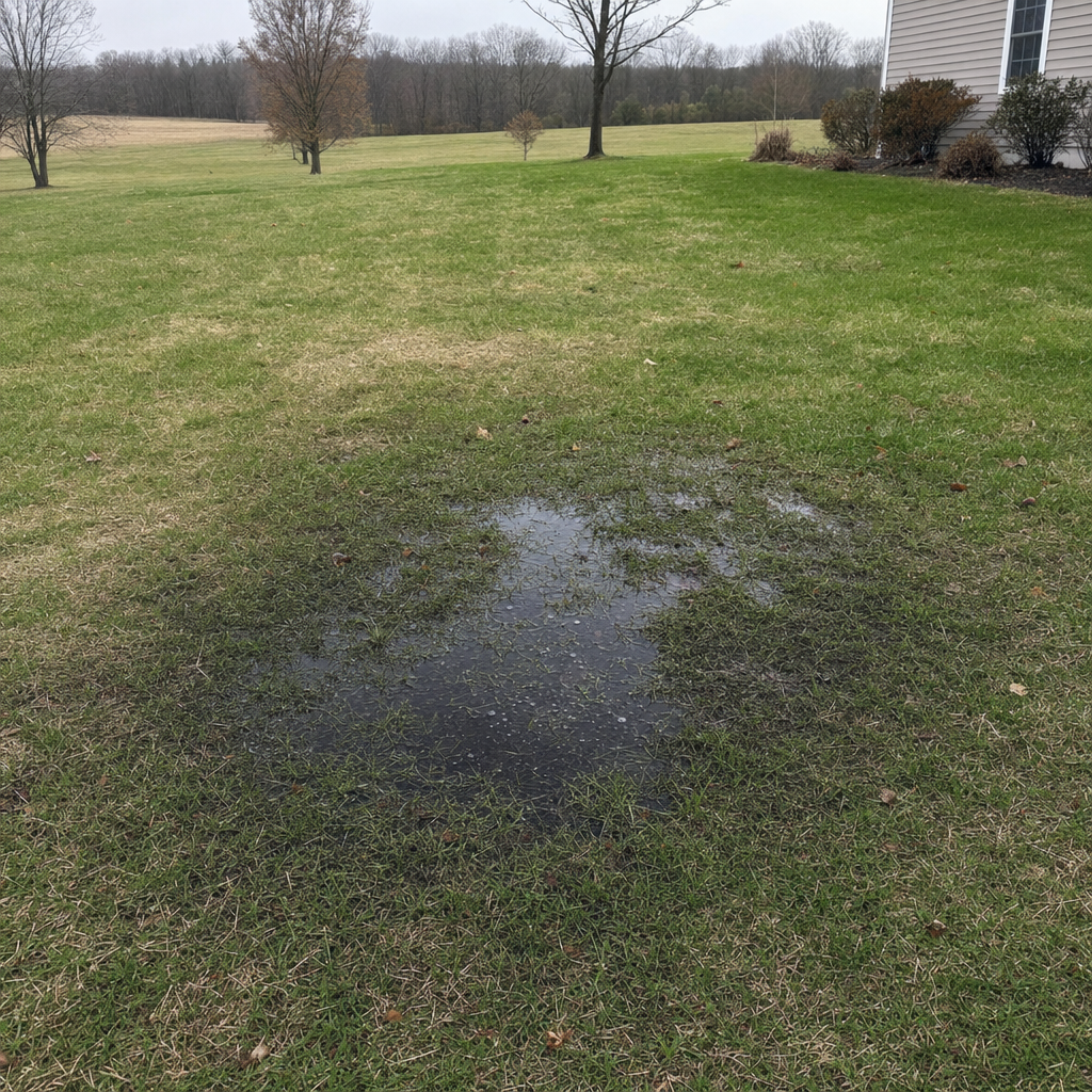 A dark, saturated wet spot in a Jersey City backyard lawn marking a failing cesspool at capacity