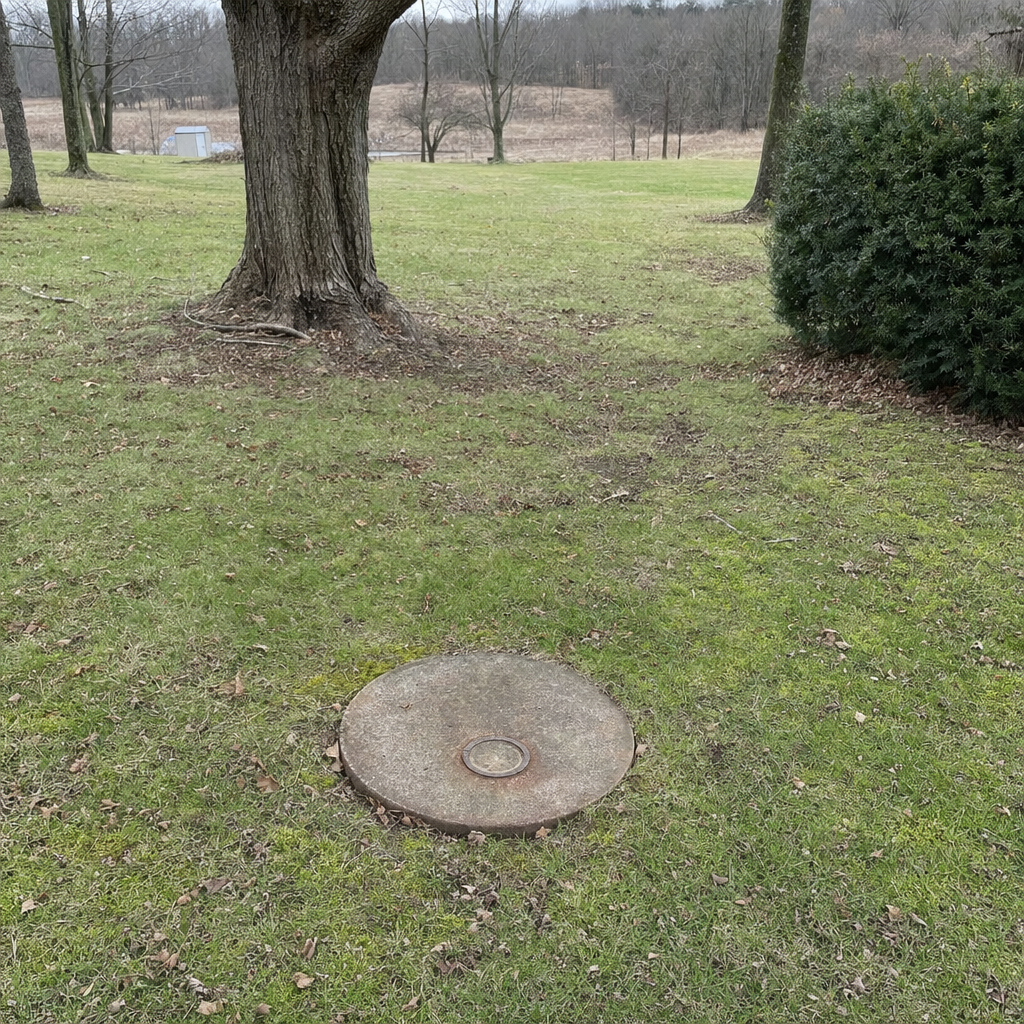 An older round cesspool access lid set flush in an established, mature Jersey City backyard lawn