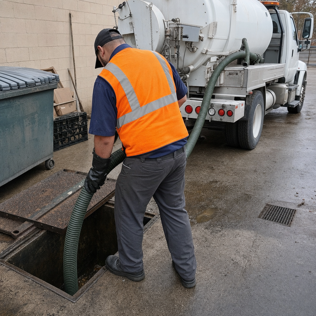 Technician pumping a grease trap behind a Jersey City restaurant