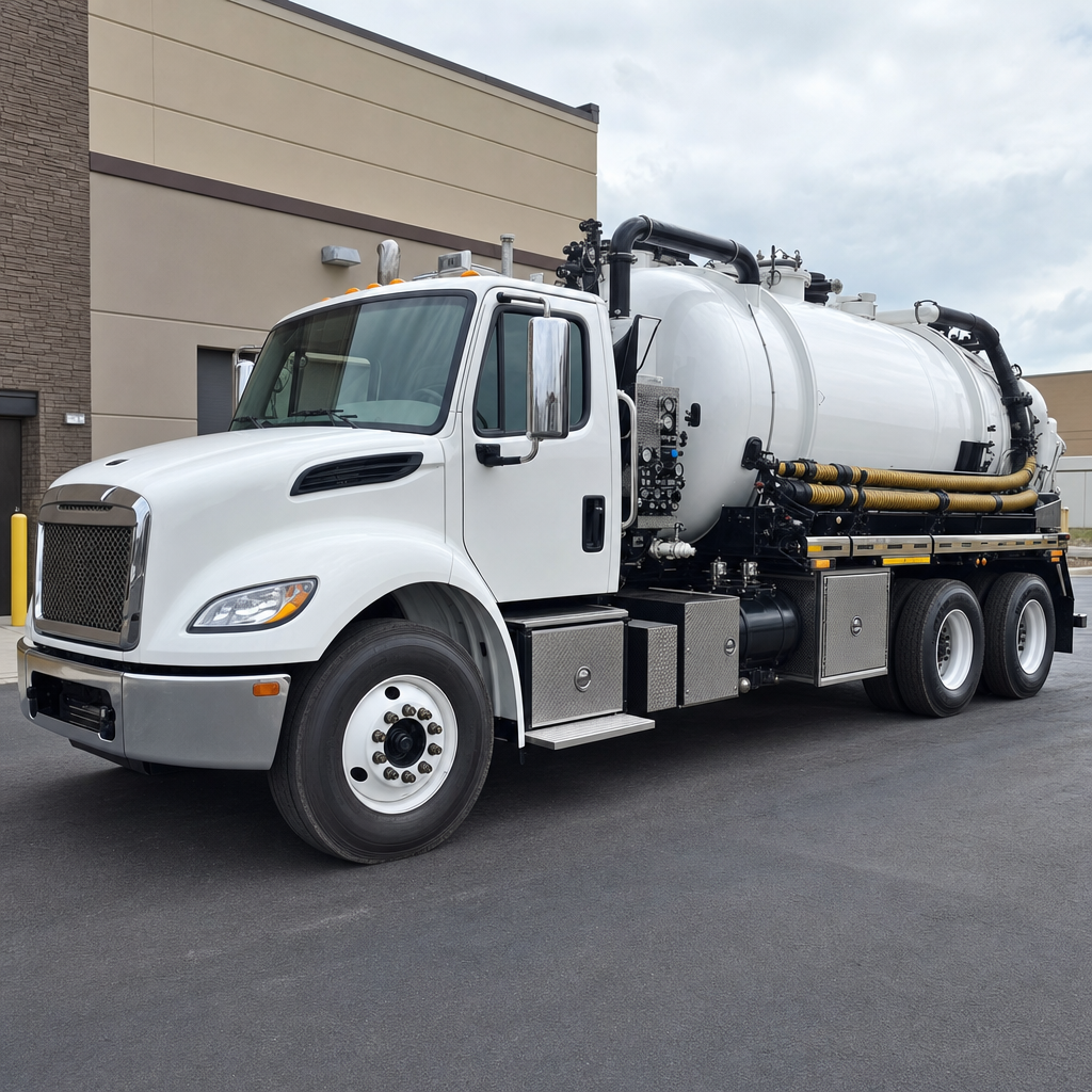Commercial septic vacuum truck parked in a Jersey City business parking lot