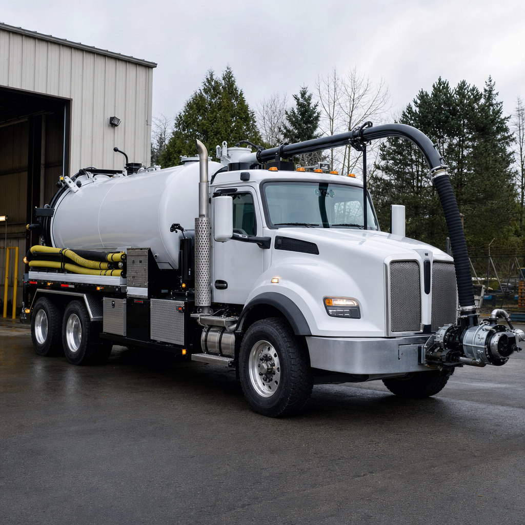 A clean white septic vacuum truck rolling out of a tidy Jersey City service depot at the start of the day