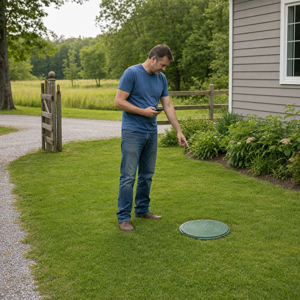 A Jersey City-area homeowner standing in the backyard noting where the septic tank lid and access route are located