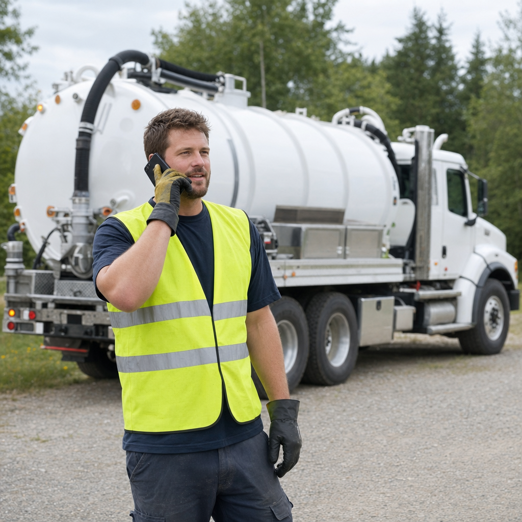 A friendly septic dispatcher holding a phone, ready to answer a Jersey City homeowner's call about a pump-out