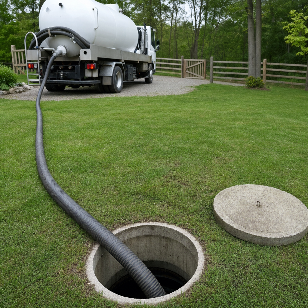 Suction hose connected to an open septic tank, drawing it down in a tidy Jersey City yard