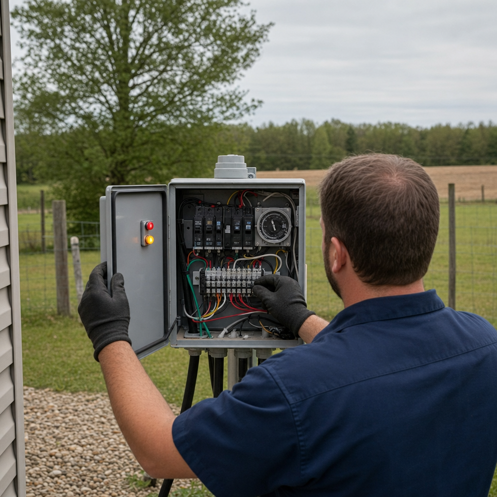 Technician checking an aerobic septic control box with a lit red high-water alarm during a same-day Jersey City visit