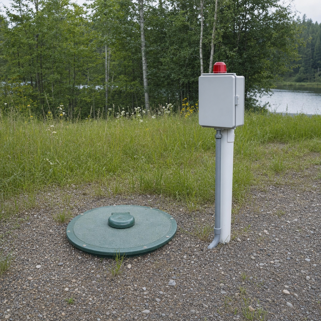 A wastewater holding tank access lid set in the ground at a rural Jersey City-area cabin, with a mounted high-level float alarm panel nearby