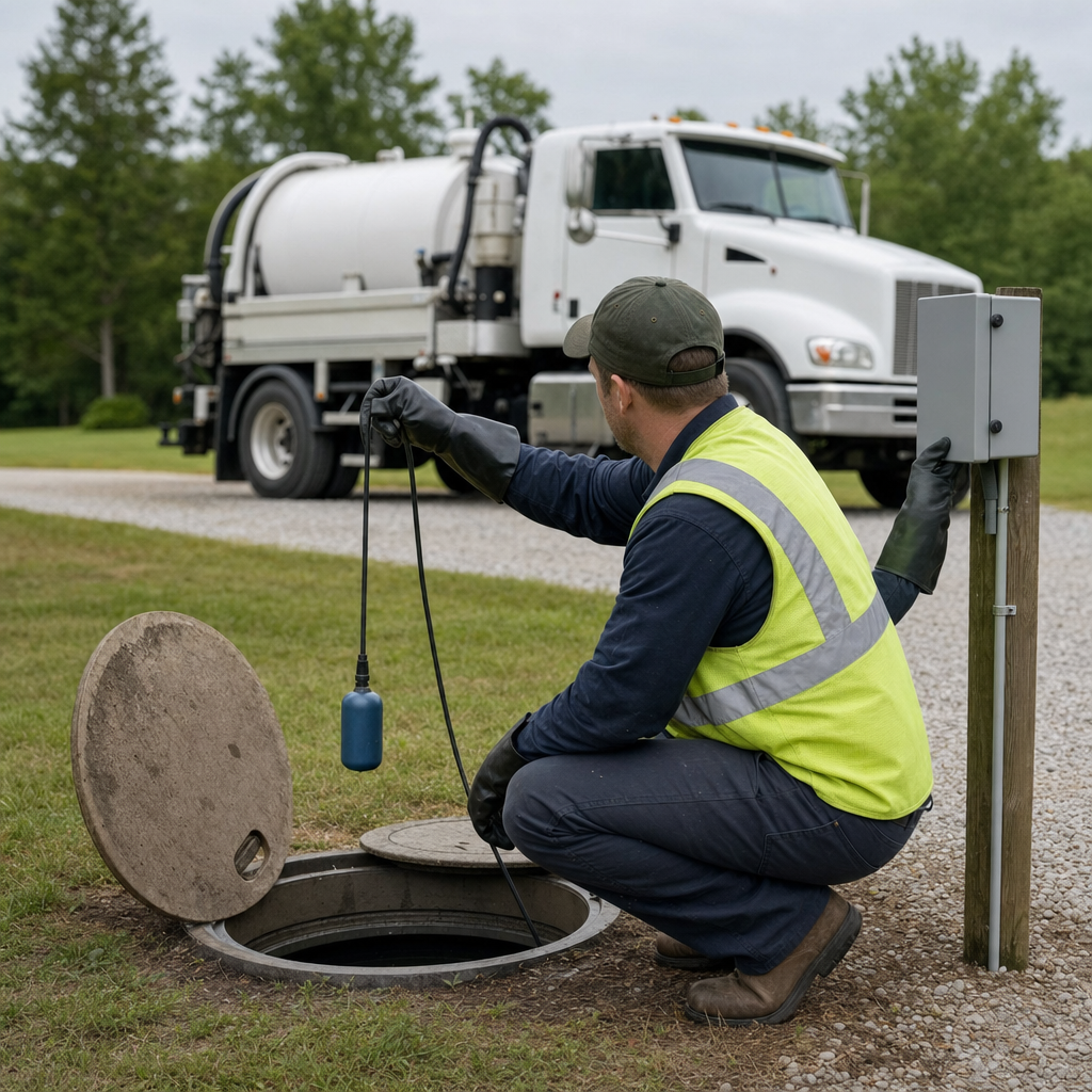 A septic technician in a high-visibility vest checking a high-level float switch and alarm panel on a holding tank at a rural Jersey City-area site