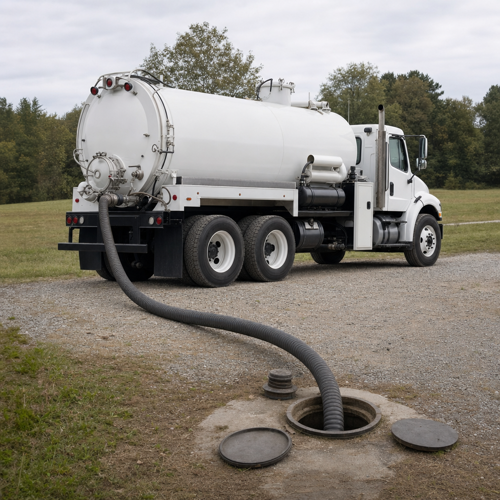 An unmarked white vacuum truck emptying a wastewater holding tank on a scheduled visit at a rural Jersey City-area property, thick suction hose running to the tank lid