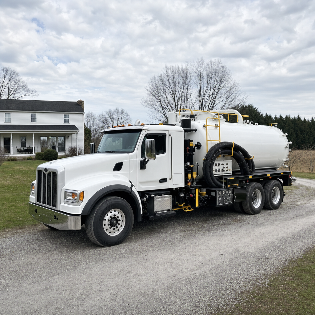 A clean white septic vacuum truck parked on a tidy Jersey City driveway with the suction hose neatly coiled