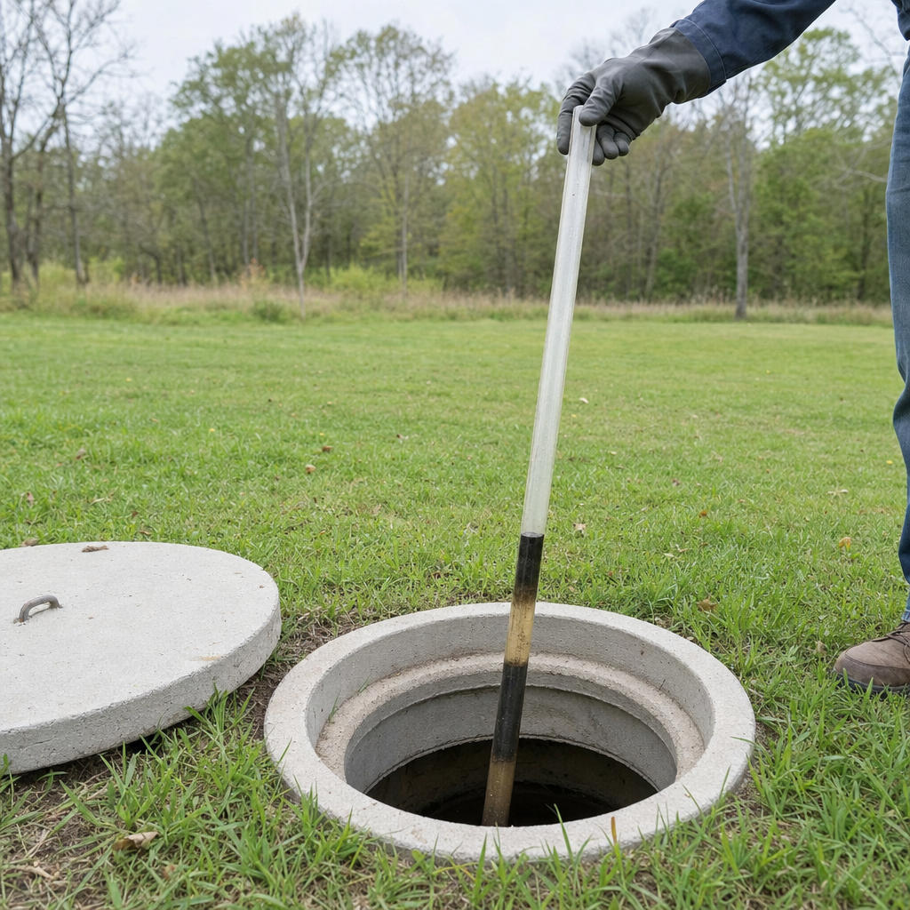A septic sludge-judge measuring stick lowered into an open Jersey City septic tank to read the depth of the sludge and scum layers before deciding whether a pump-out is due