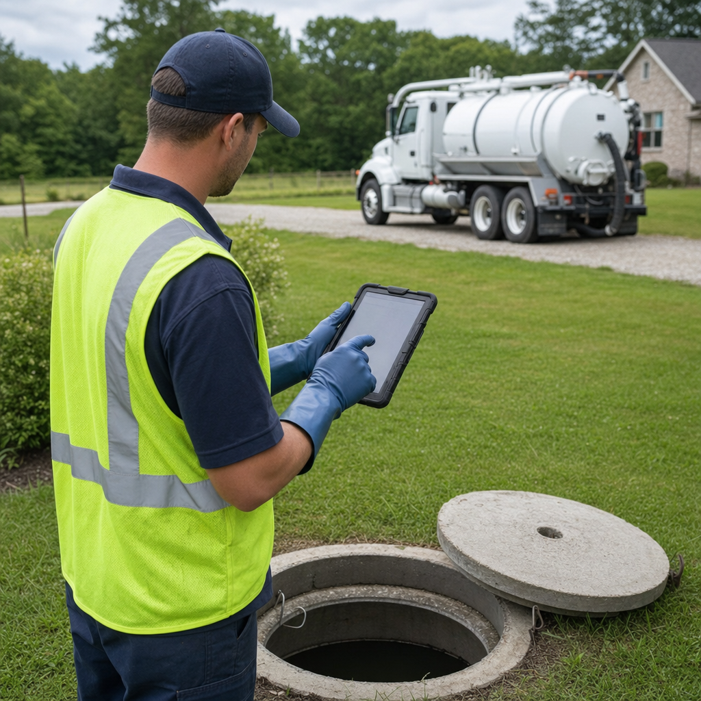 A septic technician recording a Jersey City home's pump-out date and tank condition on a tablet beside an open access lid, tracking the service history that sets the next due date