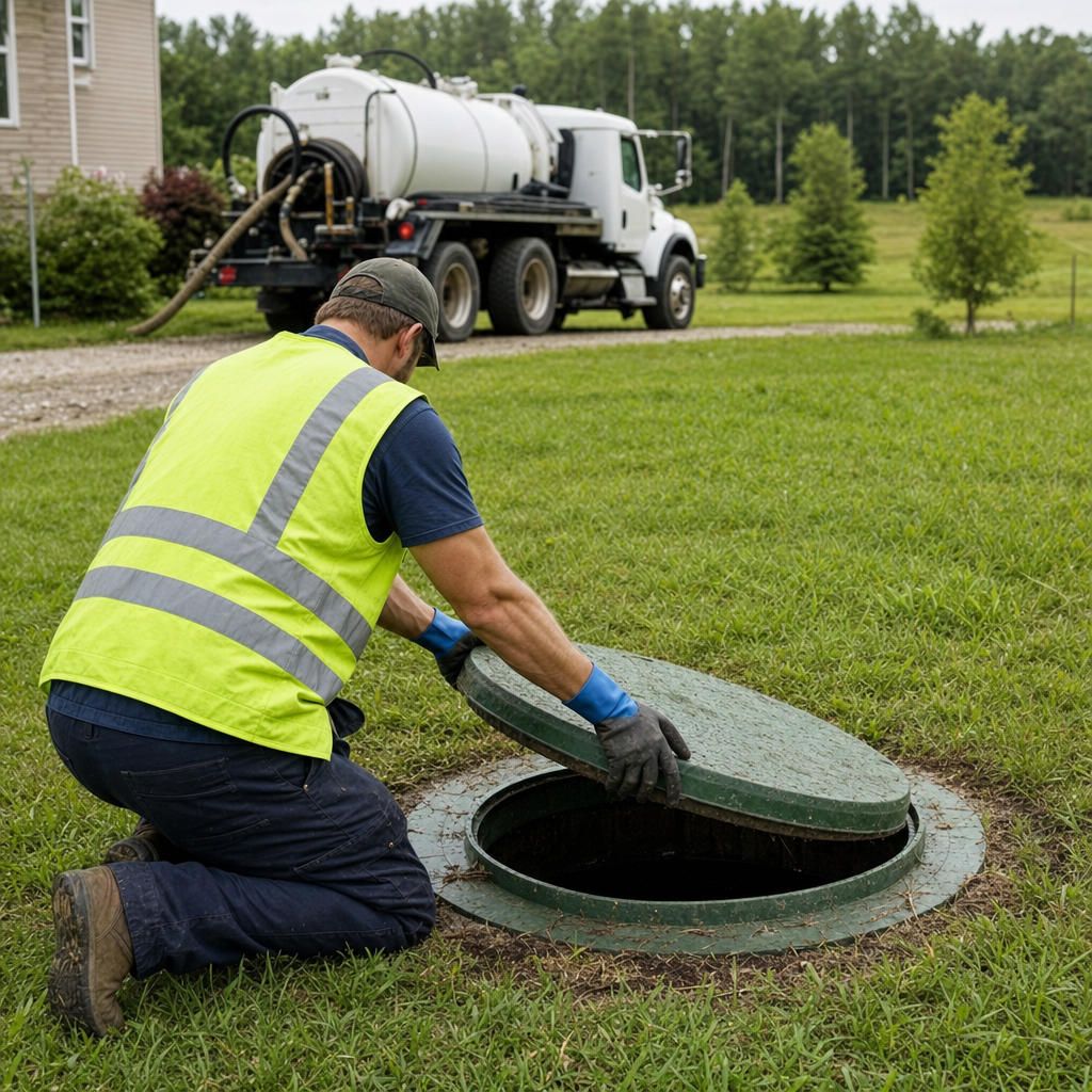 Septic technician kneeling on a Jersey City lawn, lifting the access lid on a residential septic tank