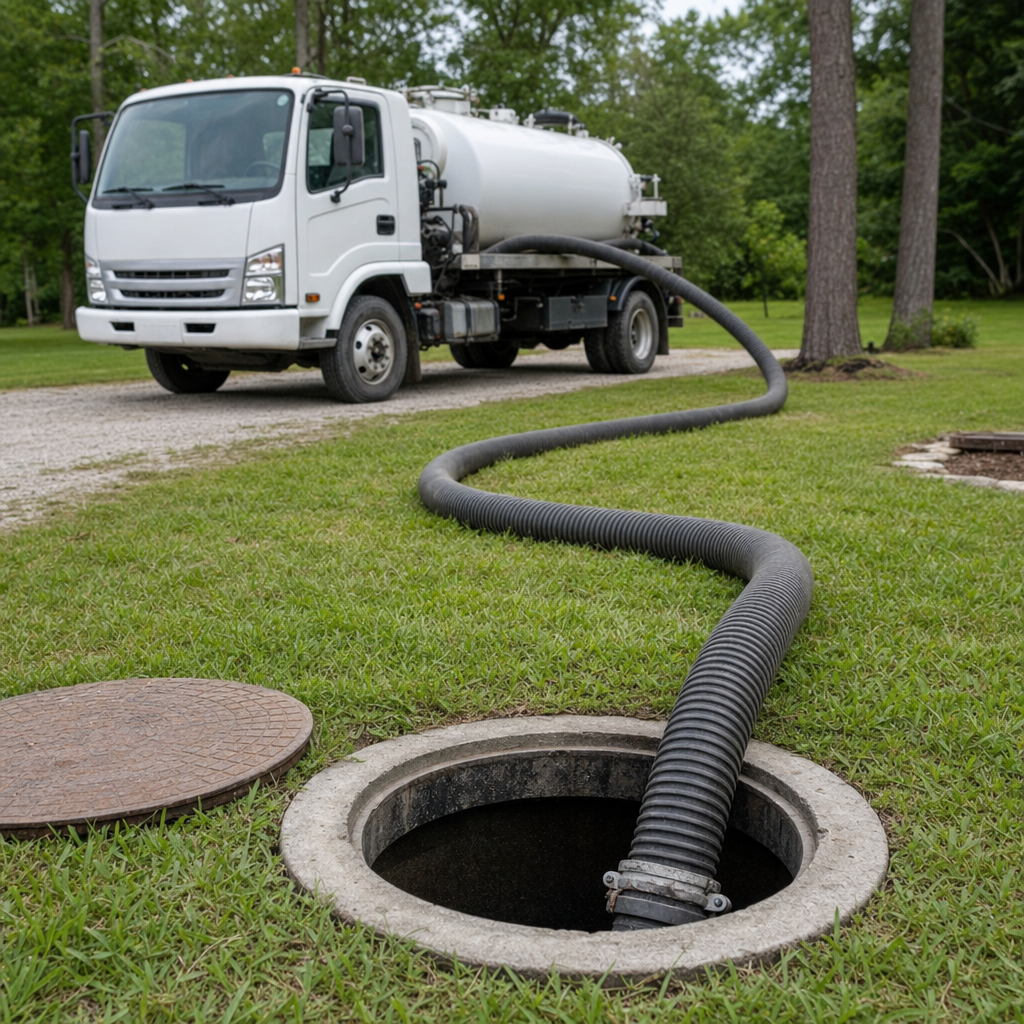 Thick ribbed suction hose lowered into a clean open septic tank port on a tidy Jersey City backyard lawn
