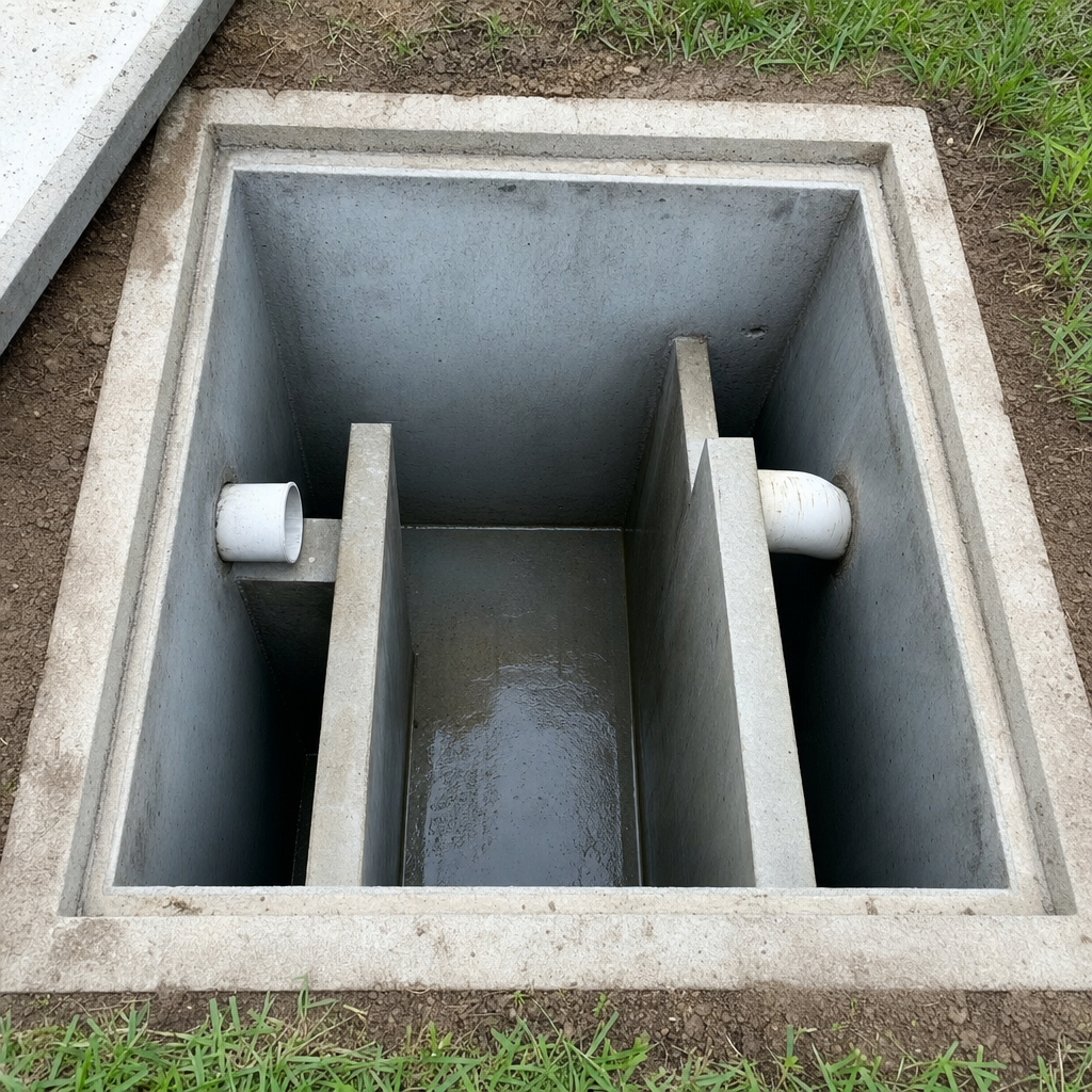 Inspection of the concrete baffles inside an open, emptied and freshly cleaned Jersey City septic tank