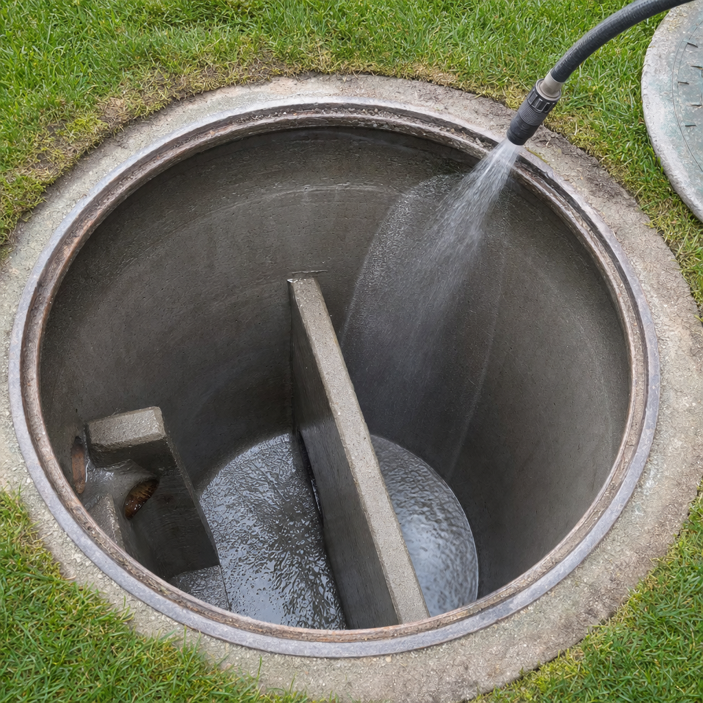Interior concrete walls of an emptied Jersey City septic tank being rinsed clean with the truck's onboard water hose