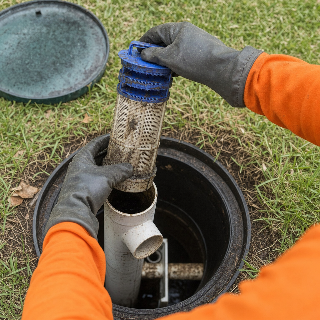 Septic technician's gloved hands lifting the effluent filter cartridge out of the outlet housing on a Jersey City septic tank