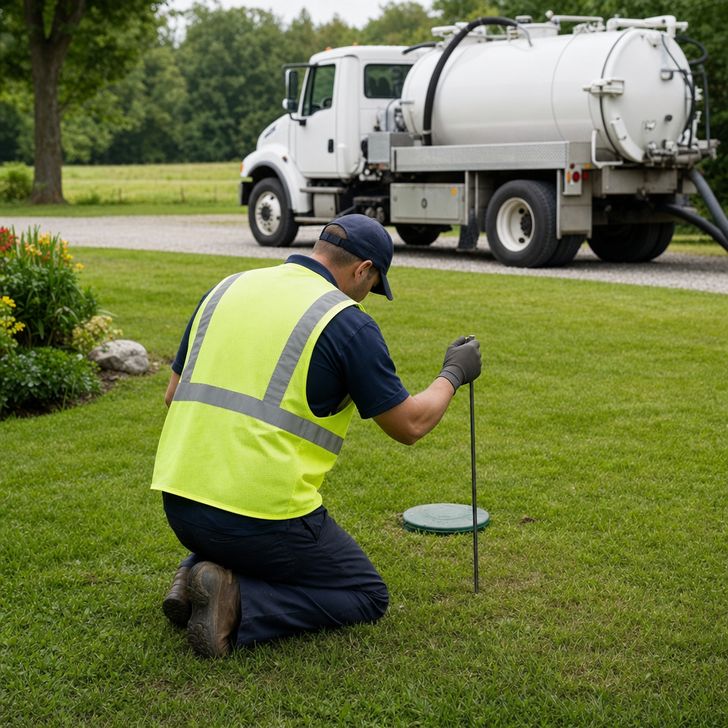 Septic technician kneeling on a Jersey City lawn, probing to locate and measure the depth of a buried septic tank lid before pumping