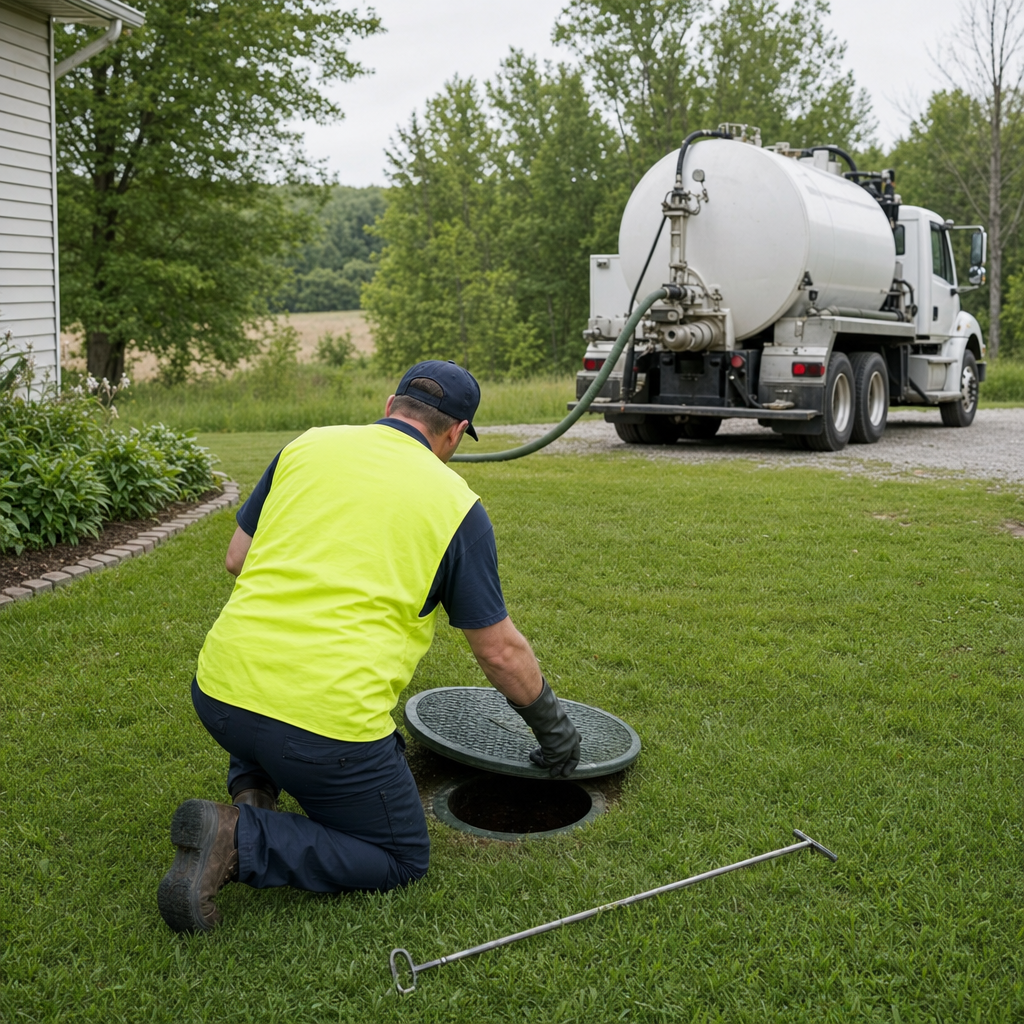 Septic technician kneeling on a Jersey City lawn, lifting the buried access lid on a residential septic tank