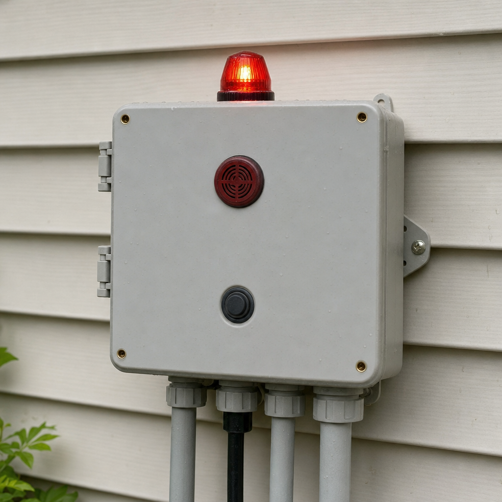 An aerobic septic system control panel mounted outside a Jersey City home with its red high-water alarm light lit