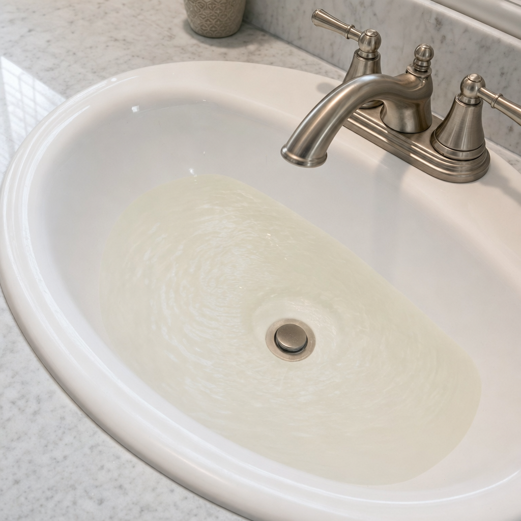 A bathroom sink draining slowly with water pooled in the basin, an early warning sign that a Jersey City septic tank is full